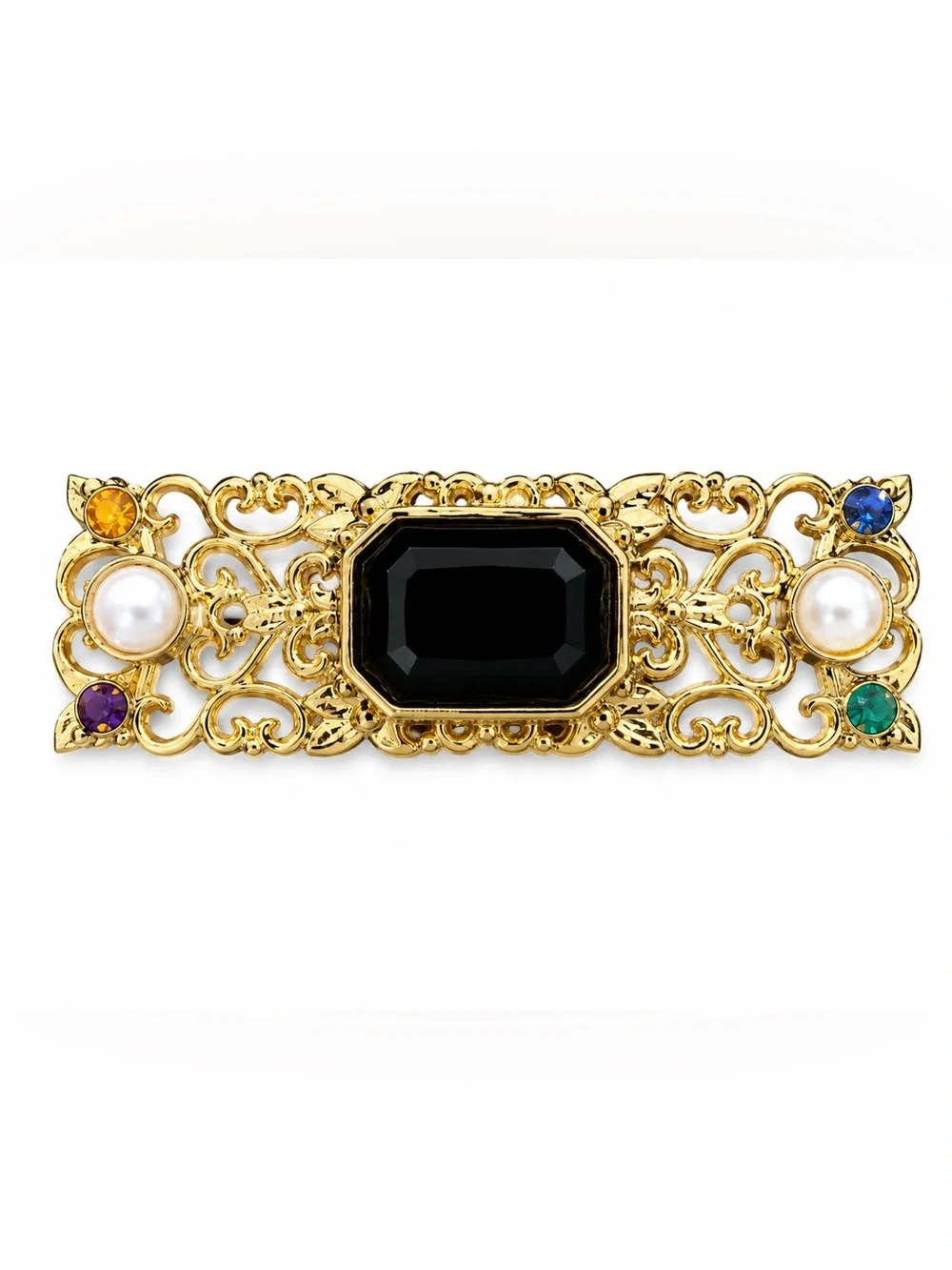 Vintage Gold Tone Filigree Brooch with Faceted Black Stone &‎ Rhinestone Accents